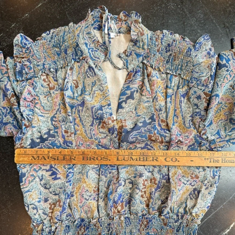 Elan XS Long Sleeve Multicolor Blouse With Shoulder Ruffle, Cinched Waist - Picture 4 of 7